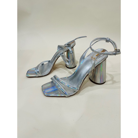 Sam Edelman Strappy Silver Metallic Block Heel Sandals Women's Shoes 8.5 - Picture 1 of 3